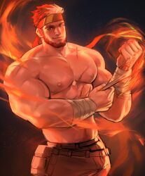 Rule 34 | 1boy, bandaged arm, bandages, bara, beard, closed mouth, collarbone, cowboy shot, dopey (dopq), facial hair, headband, highres, indie virtual youtuber, light smile, looking at viewer, male focus, multicolored hair, muscular, muscular male, navel, nipples, pectorals, red hair, ryuugen drake, scar, scar across eye, scar on chest, solo, streaked hair, topless male, virtual youtuber