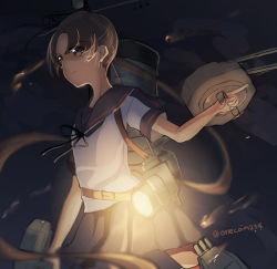 Rule 34 | 10s, 1girl, ayanami (kancolle), brown eyes, brown hair, kaede (mmkeyy), kantai collection, long hair, searchlight, side ponytail, turret, weapon