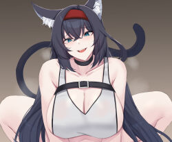 Rule 34 | 1girl, absurdres, animal ear fluff, animal ears, arknights, blaze (arknights), blue eyes, breasts, cat ears, cat tail, cleavage, cropped, hanging breasts, headband, highres, kanta (kanta 077), large breasts, licking lips, straddling, tail, tongue, tongue out