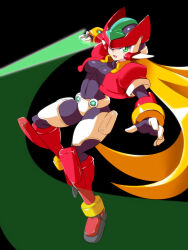 Rule 34 | 1girl, aile (mega man zx), armor, black background, black bodysuit, blonde hair, bodysuit, breasts, covered navel, cropped jacket, crotch plate, energy sword, green eyes, highres, holding, holding sword, holding weapon, long hair, medium breasts, mega man (series), mega man zx, model zx (mega man), power armor, simple background, solo, sword, wabuki (ochigan), weapon