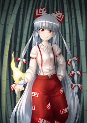 Rule 34 | 1girl, absurdres, bamboo, bamboo forest, bow, deathmegane, female focus, fire, forest, fujiwara no mokou, hair bow, hair ribbon, highres, long hair, nature, pants, red eyes, ribbon, silver hair, smirk, solo, suspenders, touhou, very long hair