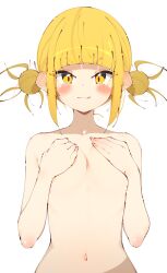 Rule 34 | 1girl, :3, :q, blonde hair, blunt bangs, blush, boku no hero academia, breasts, closed mouth, collarbone, covering privates, covering breasts, dot nose, double bun, hair bun, hands up, highres, looking at viewer, medium breasts, messy hair, navel, rasusurasu, short eyebrows, short hair with long locks, sidelocks, simple background, solo, straight hair, toga himiko, tongue, tongue out, tsurime, upper body, v-shaped eyebrows, white background, yellow eyes