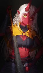 Rule 34 | 1girl, abs, absurdres, akumi (yoclesh), black gloves, breasts, cleavage, closed mouth, club, club (weapon), commentary, ear piercing, earrings, facial scar, fingerless gloves, gloves, highres, holding, holding weapon, hoop earrings, horns, indie virtual youtuber, jewelry, kanabou, looking at viewer, medium breasts, midriff, numanoan, oni, oni horns, piercing, pointy ears, red horns, red skirt, scar, scar on cheek, scar on face, scar on stomach, sitting, skirt, solo, virtual youtuber, weapon, white hair, yellow eyes