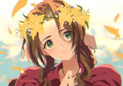 Rule 34 | 1girl, aerith gainsborough, brown hair, choker, cloud, cloudy sky, falling petals, final fantasy, final fantasy vii, flower, goku-chan, green eyes, hair between eyes, hair ribbon, head wreath, highres, jacket, looking at viewer, own hands together, parted bangs, petals, puffy sleeves, red jacket, ribbon, sidelocks, sky, smile, solo, square enix, upper body, wavy hair, yellow flower