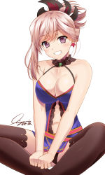 Rule 34 | 1girl, :d, artist name, bare arms, bare shoulders, black panties, blue dress, blush, breasts, brown thighhighs, center opening, cleavage, collarbone, dress, earrings, fate/grand order, fate (series), feet out of frame, grin, hair ornament, halterneck, head tilt, indian style, ishigami kazui, jewelry, large breasts, long hair, looking at viewer, miyamoto musashi (fate), miyamoto musashi (second ascension) (fate), navel, open mouth, panties, purple eyes, signature, silver hair, simple background, sitting, smile, solo, stomach, teeth, thighhighs, underwear, v arms, white background