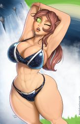 Rule 34 | 1girl, abs, absurdres, armpits, arms behind head, artist name, bikini, blue bikini, breasts, brown hair, character request, cleavage, curvy, elf, green eyes, highres, large breasts, legs, lipstick, makeup, muscular, muscular female, navel, one eye closed, open mouth, pointy ears, solo, swimsuit, thick thighs, thighs, warcraft, water, waterfall, world of warcraft