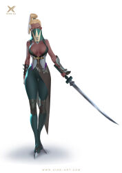 1girl aqua_bodysuit aqua_mask artist_name bare_shoulders blonde_hair bodysuit breasts cleavage covered_mouth cutlass dark-skinned_female dark_skin full_body grey_footwear high_ponytail highres holding holding_sword holding_weapon large_breasts looking_at_viewer mask mouth_mask original realistic shadow shoes short_hair simple_background single_arm_guard sleeveless sleeveless_bodysuit solo standing starlab sword thick_eyebrows watermark weapon white_background yellow_eyes