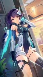 Rule 34 | 1girl, arm up, armpit crease, bare shoulders, black gloves, black thighhighs, bodysuit, breasts, closed mouth, covered navel, girl cafe gun, gloves, hair ornament, highres, iritoa, looking at viewer, mechanical wings, medium breasts, official art, purple hair, red eyes, shi wuyou, short hair, single thighhigh, sleeveless, solo, standing, thigh strap, thighhighs, thighs, wings