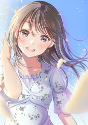 Rule 34 | 1girl, :d, absurdres, blue eyes, blue sky, blush, brown hair, day, earrings, floating hair, hair between eyes, head tilt, highres, jewelry, long hair, looking at viewer, materu (2532), motion blur, open mouth, original, outdoors, petals, shirt, sky, smile, solo, sparkle, upper body, white shirt