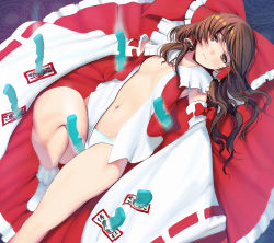 Rule 34 | 1girl, bow, breasts, brown eyes, brown hair, cleavage, hair bow, hakurei reimu, highres, japanese clothes, jitome, knife, kouno (masao), legs, long hair, looking at viewer, looking up, magic circle, navel, ofuda, open clothes, panties, revision, skirt, small breasts, solo, thighs, touhou, underwear, white legwear, white panties