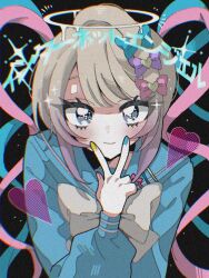 Rule 34 | 1girl, black background, blonde hair, blue bow, blue eyes, blue hair, blue nails, blue shirt, bow, chouzetsusaikawa tenshi-chan, closed mouth, hair bow, halo, hand up, long hair, long sleeves, looking at viewer, multicolored hair, multicolored nails, multiple hair bows, nail polish, needy girl overdose, pink bow, pink hair, pink nails, purple bow, quad tails, sailor collar, shirt, smile, solo, sparkle, tabun ningen, upper body, v, v over mouth, yellow bow, yellow nails