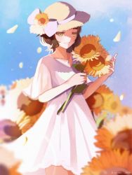 Rule 34 | 1girl, alternate costume, blush, brown hair, commentary request, dress, flower, hat, hat flower, highres, holding, holding flower, jewelry, kantai collection, kishinami (kancolle), necklace, petals, ranran 3939, short hair, short sleeves, simple background, smile, solo, sundress, sunflower, twitter username, white dress, yellow eyes, yellow flower