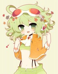 Rule 34 | 1girl, ahoge, ascot, bad id, bad pixiv id, brooch, crop top, flower, goggles, goggles on head, green background, green eyes, green hair, gumi, haru (kyou), headphones, heart, jacket, jewelry, looking at viewer, matching hair/eyes, gumi (v3 megpoid), midriff, navel, open mouth, red-tinted eyewear, short hair, smile, solo, striped, striped background, suspenders, tinted eyewear, vocaloid