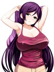 Rule 34 | 10s, 1girl, blush, breasts, camisole, cleavage, covered erect nipples, green eyes, huge breasts, long hair, looking at viewer, love live!, love live! school idol project, open mouth, solo, spaghetti strap, sweat, tank top, taut clothes, torigoe takumi, tojo nozomi, twintails, undressing, wet
