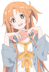 Rule 34 | 1girl, :d, asuna (sao), blush, brown eyes, collarbone, ixy, long hair, long sleeves, looking at viewer, open mouth, orange hair, simple background, smile, solo, sword art online, upper body, white background