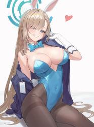 Rule 34 | 1girl, absurdres, animal ears, asuna (blue archive), asuna (bunny) (blue archive), blue archive, blue eyes, blue leotard, bow, bowtie, breasts, detached collar, dkxlek, fake animal ears, gloves, hair over one eye, halo, heart, highleg, highleg leotard, highres, id card, jacket, leotard, light brown hair, mole, mole on breast, off shoulder, official alternate costume, open clothes, open jacket, pantyhose, playboy bunny, rabbit ears, traditional bowtie, white gloves