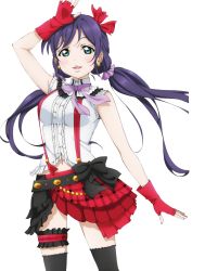 Rule 34 | 10s, 1girl, arm up, black bow, black thighhighs, bokura wa ima no naka de, bow, earrings, fingerless gloves, floating hair, gloves, green eyes, hair ribbon, jewelry, long hair, looking at viewer, love live!, love live! school idol project, navel, neck ribbon, purple hair, purple ribbon, red gloves, red ribbon, ribbon, shirt, sleeveless, sleeveless shirt, smile, solo, standing, thigh strap, thighhighs, tojo nozomi, transparent background, twintails, very long hair, white shirt
