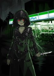 Rule 34 | 1girl, androgynous, belt, bicycle, black hair, buckle, building, coat, collar, convenience store, cross, dark, familymart, familymart, glowing, glowing eyes, green theme, highres, holding, holding knife, holding weapon, hood, jewelry, knife, kurogin, left-handed, long sleeves, meteor, multiple belts, night, night sky, open mouth, original, outdoors, pendant, red eyes, shooting star, shop, sky, solo, star (symbol), storefront, strap, weapon, zipper