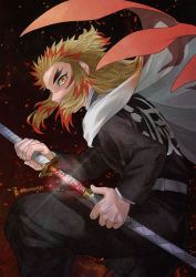 Rule 34 | 1boy, belt, black jacket, black pants, blonde hair, cape, forked eyebrows, from side, hair over mouth, highres, holding, holding sheath, holding sword, holding weapon, jacket, kimetsu no yaiba, long hair, long sleeves, multicolored hair, pants, red hair, remsor076, rengoku kyoujurou, sheath, solo, sword, two-tone hair, uniform, unsheathing, weapon, white belt, white cape, yellow eyes