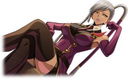 Rule 34 | 1girl, artist request, asymmetrical hair, bare shoulders, belt, black skirt, black thighhighs, breasts, buttons, coat, code geass, code geass: lost stories, collared shirt, covered navel, cropped legs, crossed legs, dark-skinned female, dark skin, dutch angle, elbow gloves, female focus, game cg, gloves, grey hair, hand up, high ponytail, highres, lapel pin, large breasts, lipstick, long hair, looking at viewer, makeup, military uniform, miniskirt, necktie, non-web source, official art, on stool, parted lips, pencil skirt, purple coat, purple gloves, purple lips, red necktie, shirt, side ponytail, sidelocks, simple background, sitting, skirt, sleeveless, sleeveless coat, sleeveless shirt, solo, stool, teeth, thighhighs, thighs, transparent background, uniform, v-shaped eyebrows, very long hair, villetta nu, white shirt, yellow eyes, zettai ryouiki