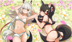 Rule 34 | 2girls, ahoge, alternate hairstyle, animal ear fluff, animal ears, aqua eyes, ass, back, bare legs, bikini, black bikini, black hair, braid, breasts, cleavage, closed mouth, commentary, eyelashes, flower, fox ears, fox tail, from above, gluteal fold, groin, hair between eyes, hair ornament, hololive, long hair, looking at viewer, low-tied long hair, lying, majo (pastamajo), medium breasts, midriff, multicolored hair, multiple girls, navel, on back, on side, ookami mio, ponytail, red hair, shirakami fubuki, side braid, silver hair, smile, streaked hair, swimsuit, tail, thigh strap, thighs, two-tone hair, virtual youtuber, white bikini, wolf ears, wolf tail, yellow eyes