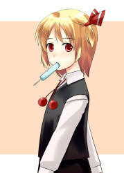 Rule 34 | 1girl, blonde hair, embodiment of scarlet devil, female focus, food, kuze, mouth hold, popsicle, red eyes, rumia, short hair, solo, touhou