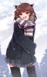 Rule 34 | 1girl, :d, ahoge, arano oki, black jacket, black thighhighs, blush, breath, brown hair, cloud, cloudy sky, commentary request, day, fringe trim, grey skirt, headgear, highres, jacket, long sleeves, looking at viewer, open mouth, outdoors, pleated skirt, red eyes, scarf, skirt, sky, sleeves past fingers, sleeves past wrists, smile, snowing, solo, thighhighs, touhoku kiritan, v-shaped eyebrows, voiceroid, white scarf, wide sleeves