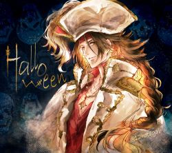 Rule 34 | 1boy, artist name, braid, brown eyes, brown hair, costume, fire emblem, fire emblem fates, halloween, hat, hotate rayan, jewelry, long hair, male focus, matching hair/eyes, necklace, nintendo, pirate hat, portrait, ryoma (fire emblem), solo
