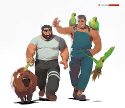 Rule 34 | 2boys, absurdres, animal, animal on shoulder, arm hair, bara, bird, bird on shoulder, body fur, capybara, chest tuft, pet walking, eyebrow cut, full body, grey hair, hairy, height difference, highres, huge eyebrows, large pectorals, leg hair, looking at another, male focus, mature male, mole, mole under eye, multiple boys, muscular, muscular male, old, old man, original, overalls, parrot, pectoral cleavage, pectorals, ross (doodlrenzo), ross (renzo), shirt, short hair, sideburns, sidepec, smile, thick eyebrows, walking, white shirt, wrinkled skin