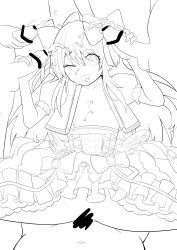 Rule 34 | 1girl, 5boys, censored, chaos marie (grimms notes), collarbone, cowgirl position, cum, cum in mouth, cum on chest, double handjob, dress, flower, frills, gouhourairaku (goohourairaku), grimms notes, group sex, hair ribbon, handjob, highres, lineart, long hair, mosaic censoring, multicolored hair, multiple boys, nipples, one eye closed, open clothes, penis, pink background, puffy sleeves, red flower, red rose, ribbon, rose, sex, simple background, solo focus, straddling, surrounded by penises, unfinished, vaginal, wings