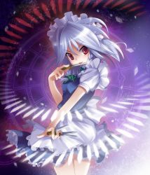 Rule 34 | 1girl, bad id, bad pixiv id, between fingers, braid, danmaku, embodiment of scarlet devil, female focus, highres, holding, izayoi sakuya, knife, licking, maid, maid headdress, miko machi, naughty face, red eyes, rie (reverie), short hair, silver hair, solo, standing, throwing knife, tongue, touhou, twin braids, weapon