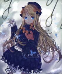 Rule 34 | 1girl, abigail williams (fate), absurdres, black bow, black dress, black hat, blonde hair, bloomers, blue eyes, blurry, blurry background, bow, bug, butterfly, commentary request, depth of field, dress, dutch angle, english text, fate/grand order, fate (series), hair bow, hand up, hat, highres, hitomin (ksws7544), hugging object, insect, keyhole, long hair, long sleeves, looking at viewer, multiple hair bows, noose, orange bow, parted bangs, parted lips, polka dot, polka dot bow, rope, sleeves past fingers, sleeves past wrists, solo, stuffed animal, stuffed toy, teddy bear, underwear, very long hair, white bloomers, wind