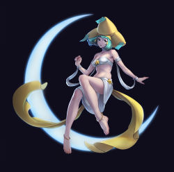 Rule 34 | 1girl, anklet, bad id, bad pixiv id, barefoot, breasts, cleavage, collarbone, commentary, creatures (company), crescent, full body, game freak, gen 3 pokemon, green hair, hair ornament, hat, highres, jewelry, jirachi, kazuko (towa), knees, legendary pokemon, looking at viewer, mythical pokemon, navel, nintendo, personification, pokemon, sarong, solo, toes, yellow hat