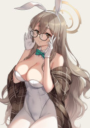 Rule 34 | 1girl, akane (blue archive), akane (bunny) (blue archive), animal ears, bare shoulders, black-framed eyewear, blue archive, bow, bowtie, breasts, brown eyes, brown hair, cleavage, closed mouth, commentary request, covered navel, detached collar, fake animal ears, glasses, gloves, green bow, green bowtie, hair between eyes, hairband, halo, hands on eyewear, large breasts, leotard, long hair, looking at viewer, pantyhose, plaid, rabbit ears, simple background, sitting, smile, solo, strapless, strapless leotard, suneru, very long hair, white background, white gloves, white hairband, white leotard, white pantyhose