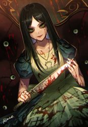 Rule 34 | 1girl, alice: madness returns, alice (alice in wonderland), alice in wonderland, alice liddell (american mcgee&#039;s alice), american mcgee&#039;s alice, apron, black hair, blood, breasts, chair, dress, green eyes, jewelry, knife, lips, long hair, necklace, solo