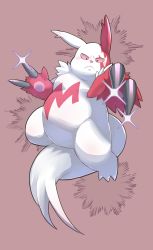Rule 34 | blush, brown background, claws, closed mouth, commentary request, creatures (company), frown, full body, furry, game freak, gen 3 pokemon, glint, highres, looking down, nintendo, pokemon, pokemon (creature), purple eyes, solo, white fur, yunosuke, zangoose