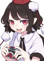 Rule 34 | 1girl, absurdres, black hair, blush, camera, collared shirt, fingernails, hat, highres, holding, holding camera, kame (kamepan44231), looking at viewer, nail polish, open mouth, pointy ears, pom pom (clothes), red eyes, red hat, red nails, shameimaru aya, shirt, short hair, short sleeves, simple background, smile, solo, teeth, tokin hat, touhou, upper body, upper teeth only, white background, white shirt