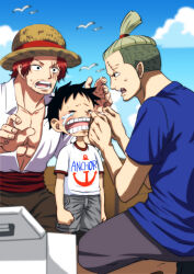 Rule 34 | 3boys, aged down, black hair, blonde hair, blush, crying, day, hat, high ponytail, hongou, male focus, monkey d. luffy, multiple boys, musasabiop, one piece, one piece film: red, open mouth, outdoors, ponytail, red hair, scar, shanks (one piece), short hair, short ponytail, straw hat, teeth