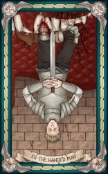 Rule 34 | 1boy, armor, biting, black pants, bleeding, blonde hair, blood, boots, brick wall, card (medium), chain, chainmail, closed eyes, closed mouth, commentary, dragon, dungeon meshi, english commentary, english text, facing viewer, gorget, highres, holding, holding sword, holding weapon, injury, interlocked fingers, kensuke (dungeon meshi), knee boots, knee guards, laios touden, long sleeves, out of frame, own hands together, pants, pauldrons, plate armor, sharp teeth, shirt, short hair, shoulder armor, size difference, solo focus, sweat, sword, tarot, tarot (card), teeth, thanaticist, the hanged man (tarot), upside-down, vambraces, weapon, white shirt, winged lion (dungeon meshi), winged sword
