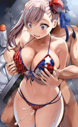 Rule 34 | 1boy, 1girl, 2022, absurdres, american flag bikini, artist name, belko, bikini, blue eyes, blue ribbon, blush, grabbing another&#039;s breast, breasts, censored, cleavage, collarbone, cum, dated, ejaculation, fate/grand order, fate (series), flag print, front-tie bikini top, front-tie top, fujimaru ritsuka (male), grabbing, hair ornament, heavy breathing, hetero, highres, indoors, large breasts, long hair, miyamoto musashi (fate), miyamoto musashi (fate/grand order), miyamoto musashi (swimsuit berserker) (fate), mosaic censoring, multi-strapped bikini, navel, one side up, pink hair, ribbon, steam, steaming body, surprised, sweat, swimsuit, thigh sex, trembling, wavy mouth