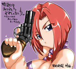 Rule 34 | 00s, 1girl, blue eyes, breasts, cleavage, cleavage cutout, clothing cutout, forte stollen, galaxy angel, gun, handgun, large breasts, looking at viewer, lowres, purple background, red hair, revolver, short hair, simple background, solo, translation request, weapon