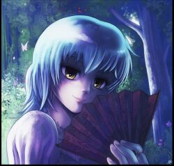 Rule 34 | blue hair, bug, butterfly, felarya, hand fan, insect, karbo, lips, looking at viewer, smile, solo, yellow eyes