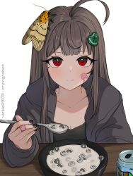 Rule 34 | 1girl, ahoge, bandaid, bandaid on face, bandaid on hand, black nails, bolt, bowl, brown hair, bug, can, collarbone, commentary, drink can, fingernails, hair ornament, heart, heart hair ornament, highres, holding, holding spoon, hood, hoodie, insect, long hair, looking at viewer, microsoft, mole, mole under eye, moth, moth hair ornament, nail polish, no nut november, original, pun, red eyes, soda can, spoon, vickie (cryingrobot), vickie (cryingrobot) (character)
