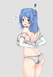 Rule 34 | 1girl, ?, ass, bad id, bad pixiv id, blue eyes, blue hair, blush, breasts, double bun, elbow gloves, embarrassed, gloves, grey background, hair bun, highres, kantai collection, large breasts, looking at viewer, looking back, nose blush, open mouth, panties, partially undressed, sideboob, simple background, skindentation, solo, striped clothes, striped panties, underwear, urakaze (kancolle), white gloves, white panties, z5987