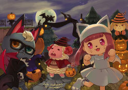 Rule 34 | 2girls, 3boys, :&gt;, :3, animal crossing, animal ears, animal hat, artist name, bare tree, bat (animal), black-framed eyewear, black dress, black headwear, black jacket, blue eyes, blunt bangs, brown shirt, cat boy, cat ears, cat hat, closed mouth, cloud, cloudy sky, collared jacket, commentary, curled horns, dated, demon wings, dog girl, dom (animal crossing), dress, english commentary, eyelashes, facepaint, facial mark, fake animal ears, fangs, fangs out, fence, frown, full moon, fur collar, fur trim, furry, furry female, furry male, glasses, grass, halloween, halloween bucket, halloween costume, hands up, hat, heterochromia, hime cut, holding, horns, isabelle (animal crossing), jack-o&#039;-lantern, jack (animal crossing), jacket, long hair, long sleeves, looking at another, looking at viewer, matchaneko, moon, multiple boys, multiple girls, night, night sky, nintendo, open clothes, open jacket, open mouth, orange dress, orange headwear, outdoors, paw pose, paw shoes, pink eyes, pink hair, pink horns, popped collar, puffy short sleeves, puffy sleeves, pumpkin, raymond (animal crossing), red eyes, red headwear, red horns, red jacket, red wings, scarecrow, sheep boy, sheep horns, shirt, short sleeves, sidelocks, sky, smile, standing, star (sky), stone walkway, striped clothes, striped headwear, teeth, tree, two-tone headwear, upper teeth only, vampire costume, villager (animal crossing), whisker markings, white dress, white footwear, white headwear, white wings, wings, witch hat
