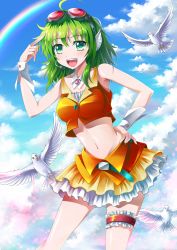 Rule 34 | 1girl, :d, ahoge, animal, armpits, bare shoulders, beak, belt, bird, blue sky, brooch, buckle, cloud, contrapposto, crop top, day, detached collar, feathers, finger to head, frills, gem, goggles, goggles on head, green eyes, green hair, gumi, hand on own hip, hand up, headphones, headset, highres, jewelry, layered skirt, matching hair/eyes, midriff, miniskirt, myungsoo lim, navel, open mouth, orange shirt, orange skirt, orange vest, outdoors, outstretched wings, rainbow, red-tinted eyewear, shiny skin, shirt, short hair, skirt, sky, sleeveless, smile, solo, standing, stomach, talons, teeth, thigh strap, tinted eyewear, tsurime, vest, vocaloid, white feathers, wings, wrist cuffs