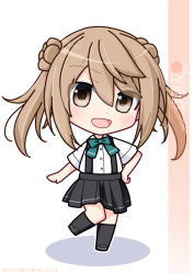 Rule 34 | 1girl, artist name, black socks, bow, bowtie, brown eyes, character name, chibi, commentary request, double bun, green bow, green bowtie, grey skirt, hair bun, highres, inaba shiki, kantai collection, light brown hair, looking at viewer, michishio (kancolle), pleated skirt, short twintails, simple background, skirt, socks, solo, standing, standing on one leg, suspender skirt, suspenders, twintails, white background