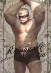 Rule 34 | 1boy, abs, bara, beard, black male underwear, blindfold, bound, bound wrists, boxers, bulge, character name, erection, erection under clothes, facial hair, feet out of frame, large pectorals, luerstine, male focus, male underwear, mature male, muscular, muscular male, navel, navel hair, nipples, old, old man, overwatch, overwatch 1, pectorals, reinhardt (overwatch), rope, scar, scar across eye, short hair, solo, standing, stomach, thick thighs, thighs, topless male, underwear, underwear only, white hair