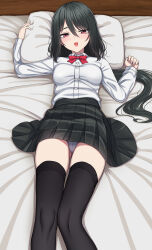 Rule 34 | 1girl, absurdres, bed sheet, black thighhighs, bow, bowtie, buttons, collared shirt, feet out of frame, green hair, green skirt, hair between eyes, highres, long hair, long sleeves, looking at viewer, lying, on back, open mouth, original, panties, pillow, pleated skirt, red bow, red bowtie, red eyes, sayano (yakob labo), shirt, skirt, solo, thighhighs, underwear, white shirt, yakob labo