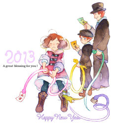 Rule 34 | 1girl, 2013, 21grams, 2boys, :o, ^ ^, ahoge, animal, ankle socks, black headwear, black jacket, black leggings, black pants, black sleeves, boots, bow, bowtie, brown footwear, brown hair, cabbie hat, child, closed eyes, closed mouth, coat, collared shirt, commentary request, cross-laced footwear, dress, english text, frown, full body, fur-trimmed coat, fur-trimmed sleeves, fur trim, green socks, happy new year, hat, height difference, high collar, holding, holding animal, jacket, layered sleeves, leggings, light blush, long sleeves, looking at another, looking at object, multiple boys, new year, original, painting (medium), pants, paper, red coat, red sleeves, shirt, shoes, short dress, short hair, simple background, sitting, snake, socks, top hat, traditional media, v-shaped eyebrows, watercolor (medium), weasel, white background, white bow, white bowtie, white dress, white shirt, winter clothes, winter coat